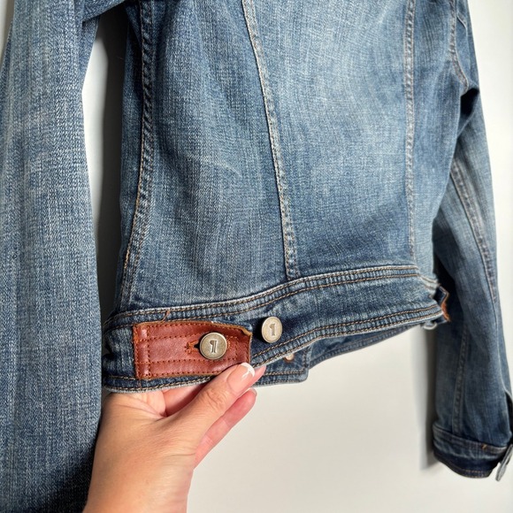 Pilcro Avie Denim Jacket Anthropologie Size Small Jean Trucker Leather Detail - Picture 10 of 11